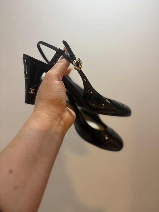 Chanel Patent Slingback Heels – Black