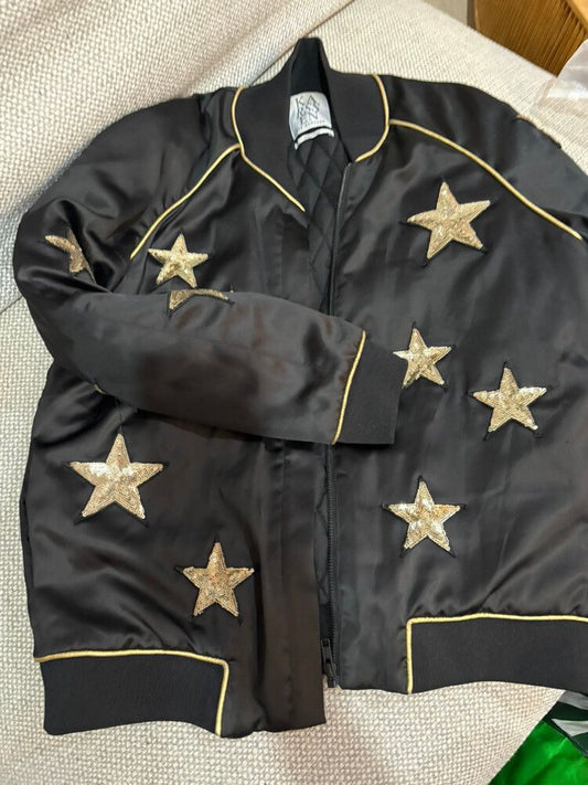 ? KARSSLIN Star Bomber Jacket – Quilted Satin with Gold Sequin Detail