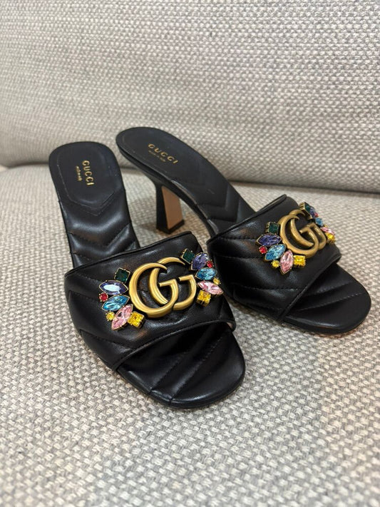 GUCCI GG Marmont Crystal Embellished Leather Heels Size 37.5 – Made in Italy