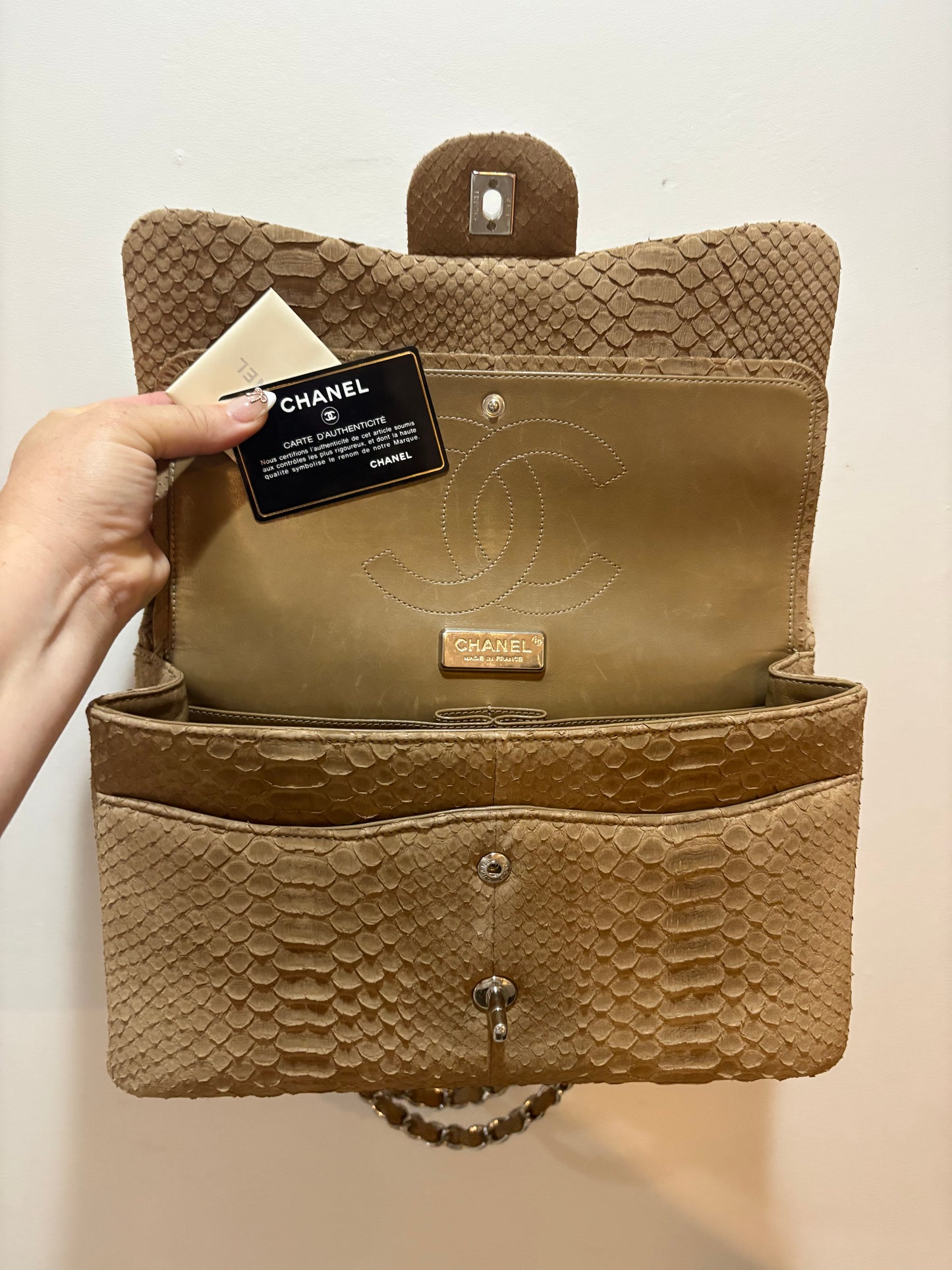 Chanel Beige Python Classic Flap – Silver Hardware