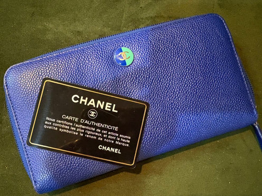 ? Authentic Chanel Zip Wallet – Blue Caviar Leather with Card