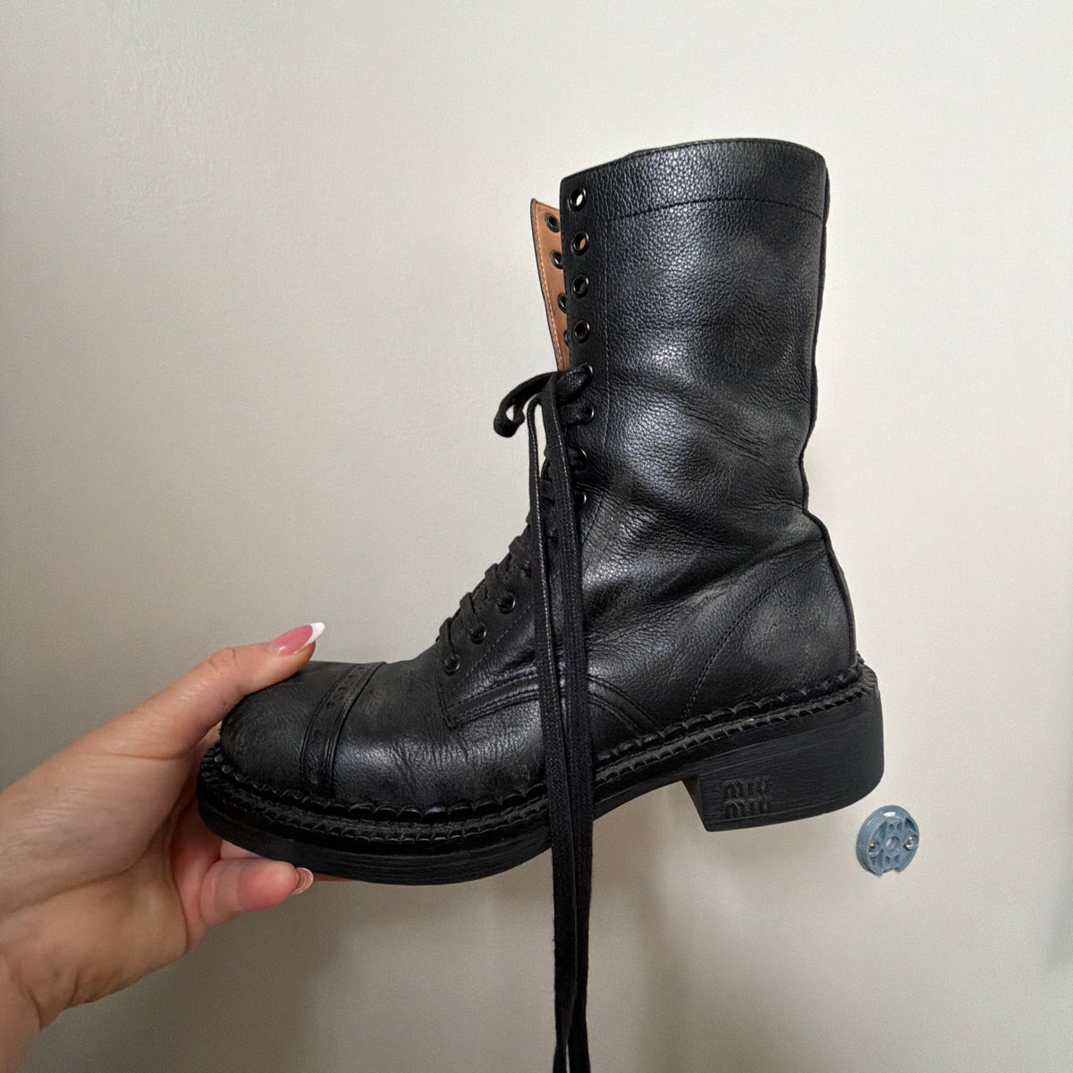 Miu Miu Black Leather Lace-Up Combat Boots – Size 35