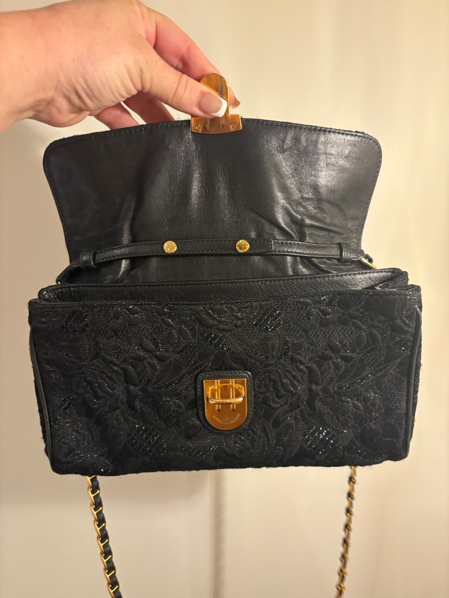 Prada Black Floral Lace Chain Shoulder Bag