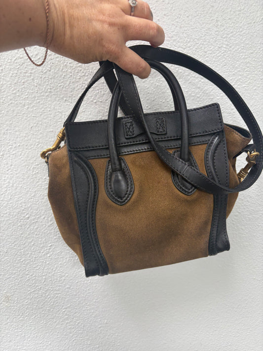 Céline Nano Luggage Suede Bag – Brown / Black