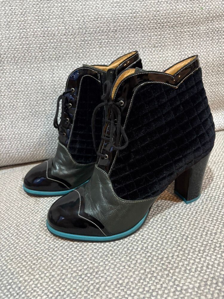 John Fluevog Black Velvet & Leather Lace-Up Booties