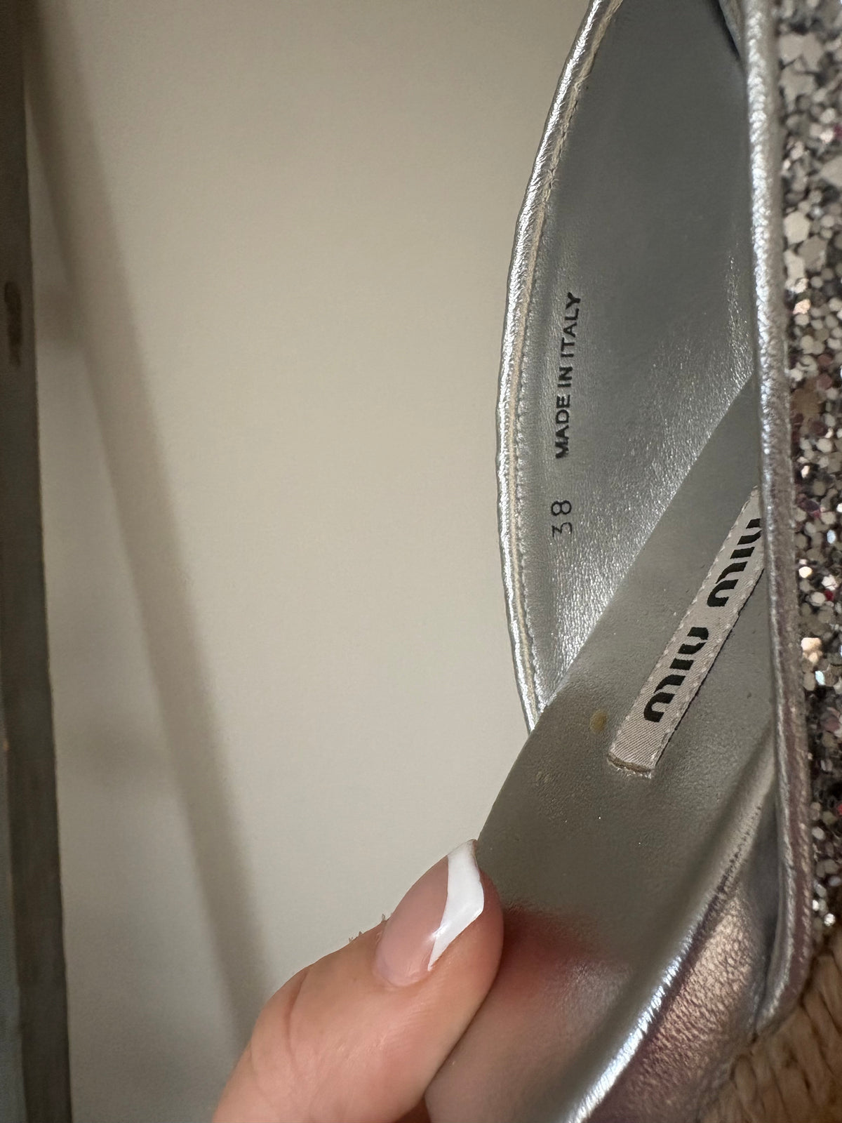 MIU MIU Silver Glitter Espadrille Sandals – Size 37