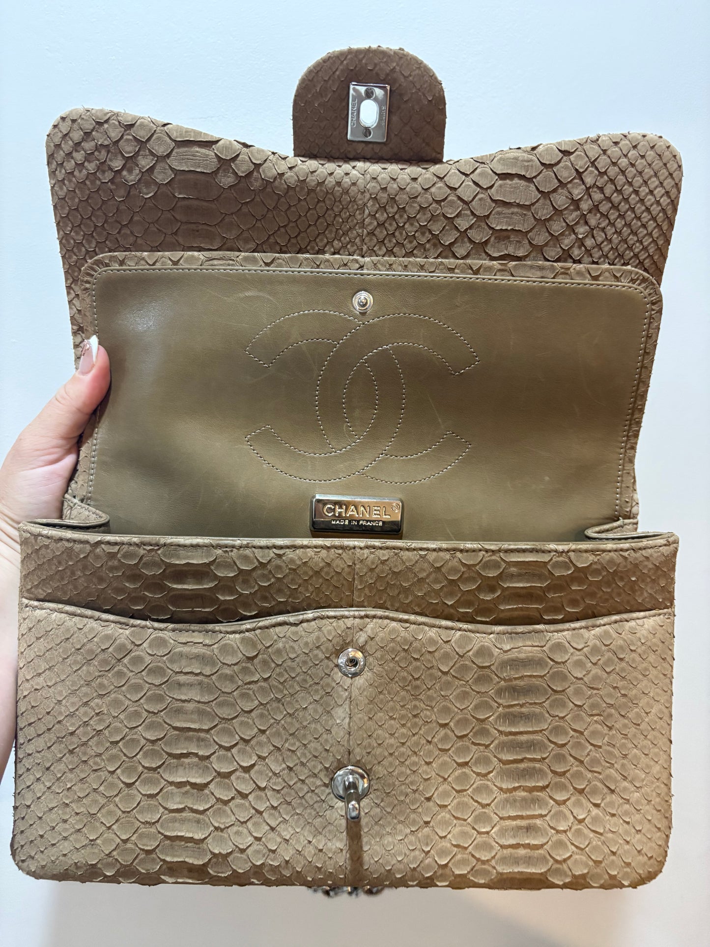 Chanel Beige Python Classic Flap – Silver Hardware