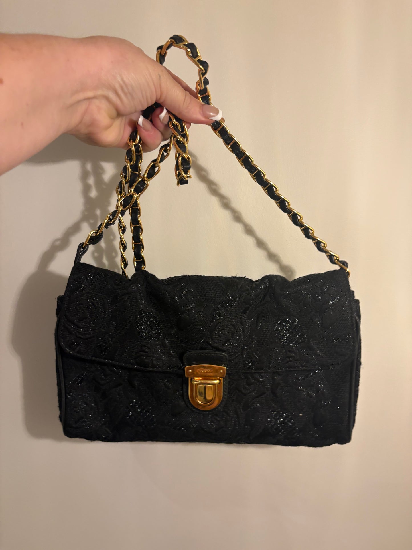 Prada Black Floral Lace Chain Shoulder Bag