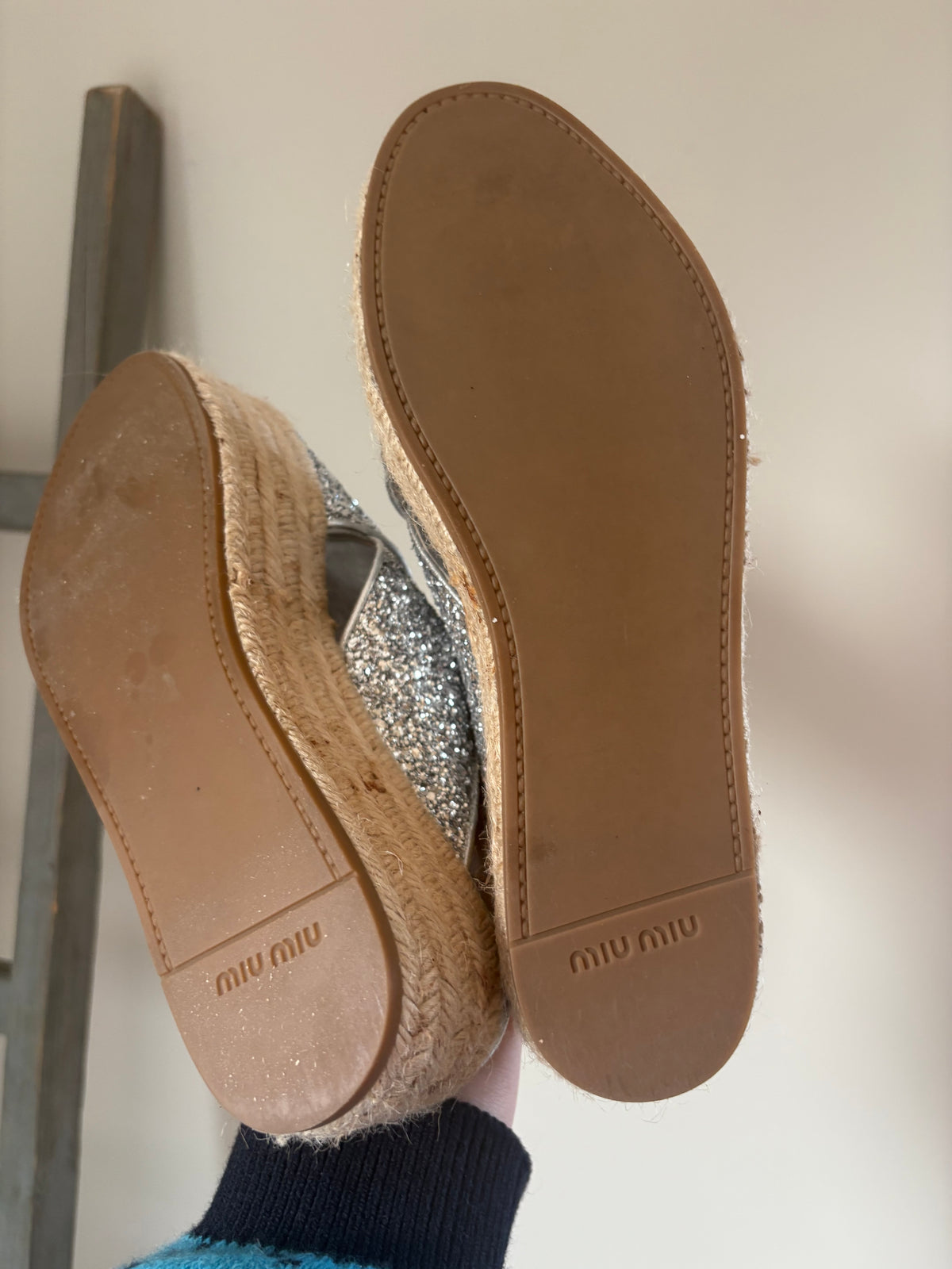 MIU MIU Silver Glitter Espadrille Sandals – Size 37