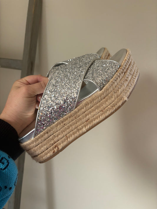 MIU MIU Silver Glitter Espadrille Sandals – Size 37