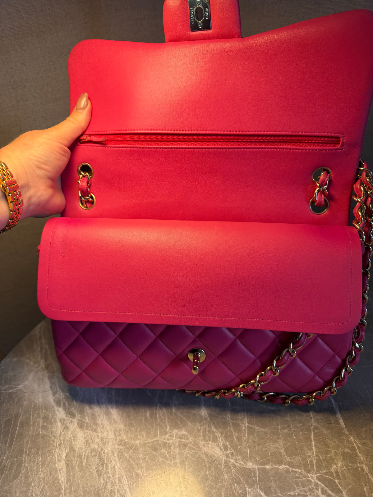 CHANEL 2015–16 Hot Pink Lambskin Jumbo Classic Double Flap Bag – Gold Hardware