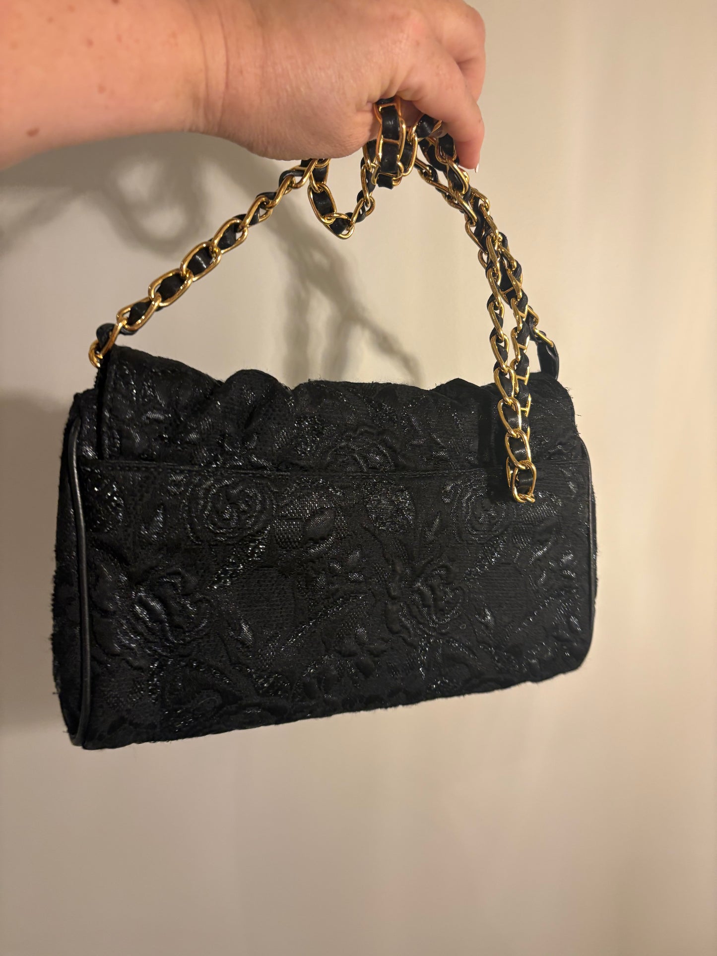 Prada Black Floral Lace Chain Shoulder Bag