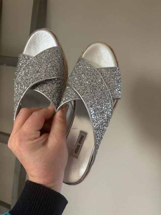 MIU MIU Silver Glitter Espadrille Sandals – Size 37