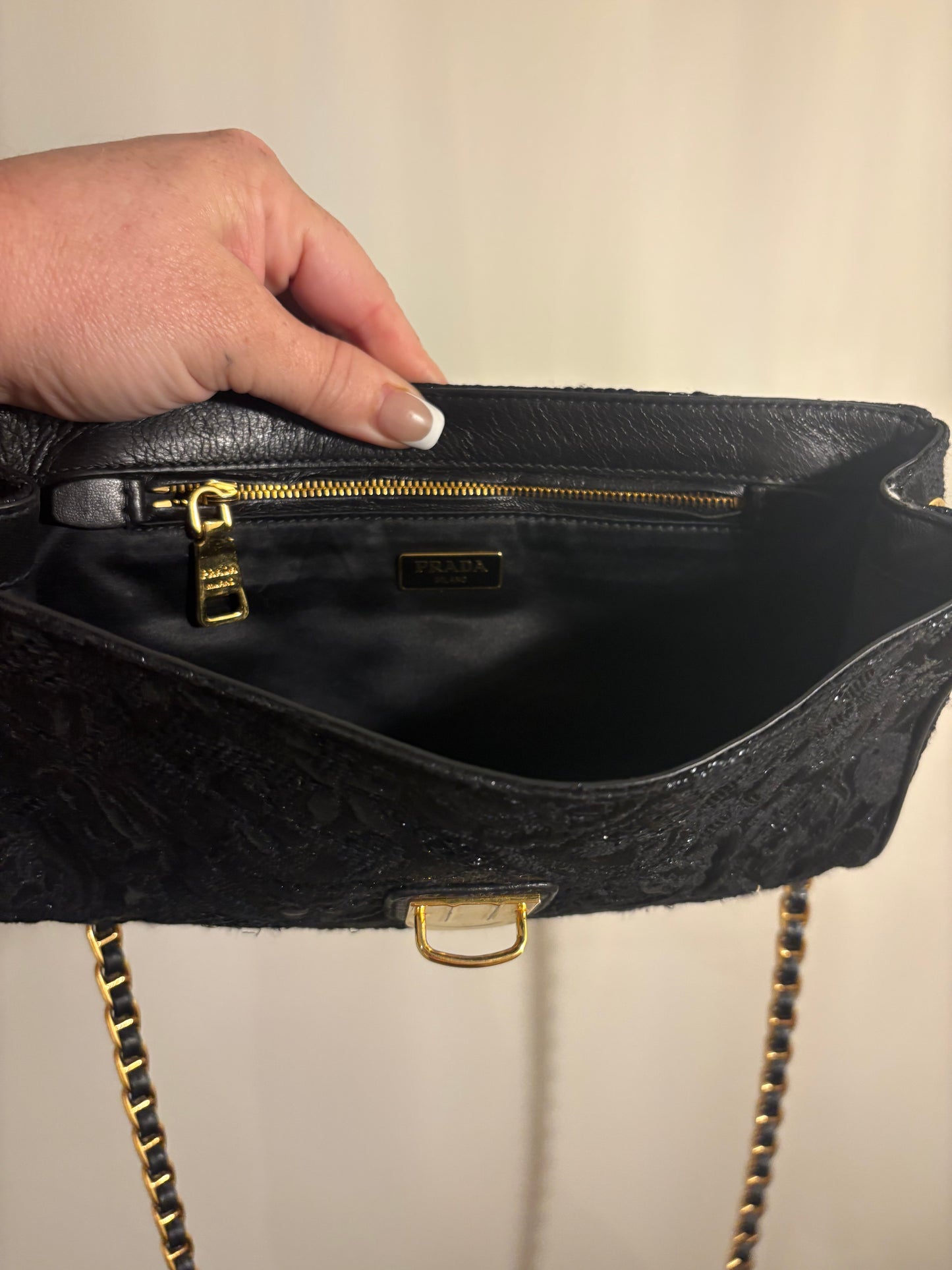 Prada Black Floral Lace Chain Shoulder Bag