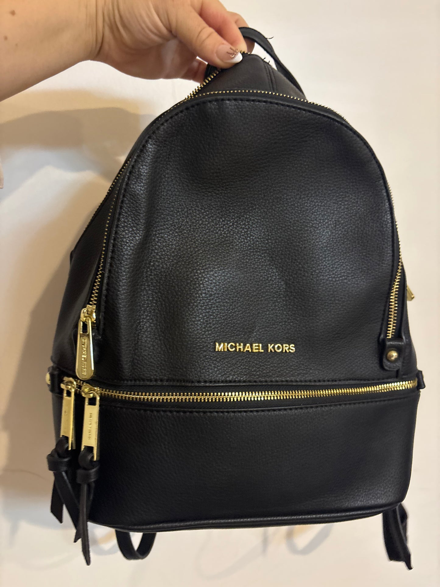 Michael Kors Black Leather Rhea Zip Backpack – Gold Hardware