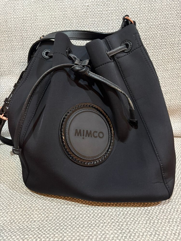 ?? Mimco Black Neoprene Bucket Bag with Leopard Lining